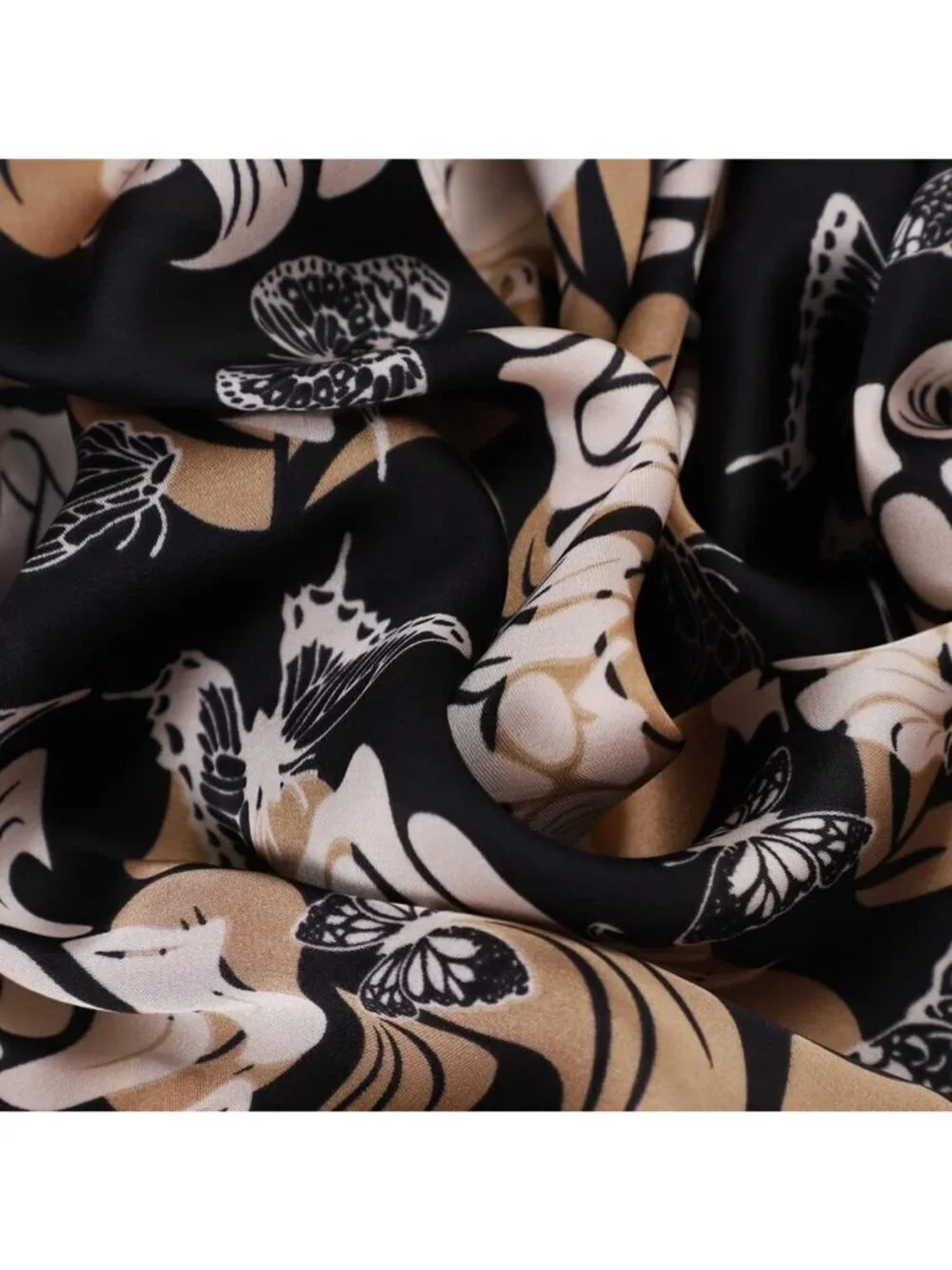 Women's White Brown Lightweight Silk Scarves Flower Print Head Cotton Wrap Scarf